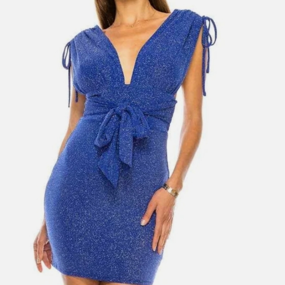 B Darlin Blue Glitter Tie Waist Bodycon Dress Size Small